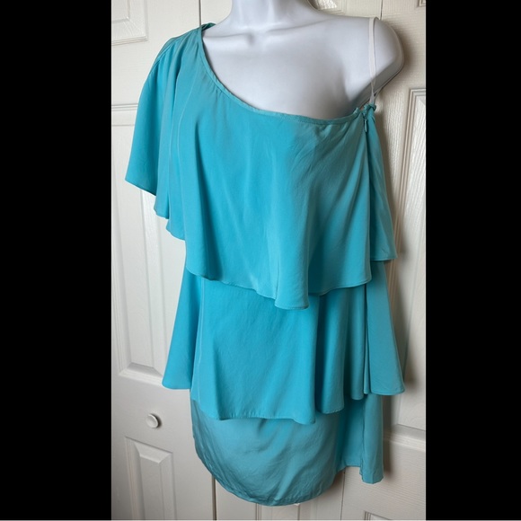 ANNIE GRIFFIN Charlotte One Shoulder Dress Turquoise Aqua Blue 100% Silk Ruffle - Picture 3 of 10